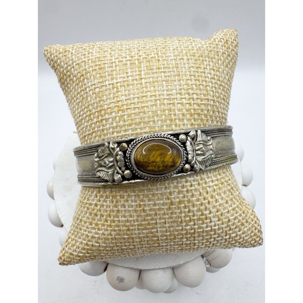 Tibetan Style Silver Cuff Bracelet With Tigers Eye Stone Cabochon